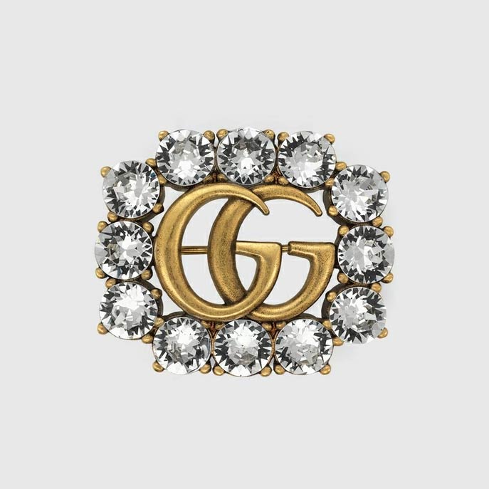 グッチ GUCCI レディース クリスタル付き メタル ダブルG ブローチ