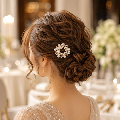 パーティー 2次会 結婚式 ヘアアレンジ ブローチ